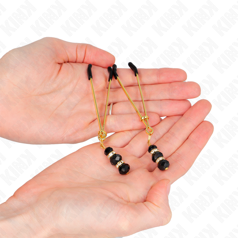 Fine gold nipple clamps with 3 black glass beads 7 cm