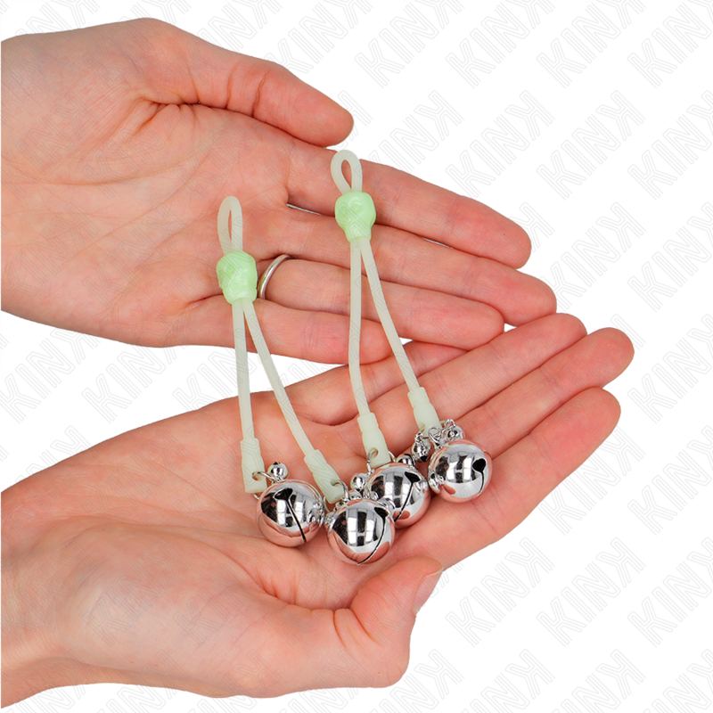 KINK - LIGHT-UP SKULL NIPPLE CLAMPS WITH RING AND ADJUSTABLE BELLS, GREEN/SILVER