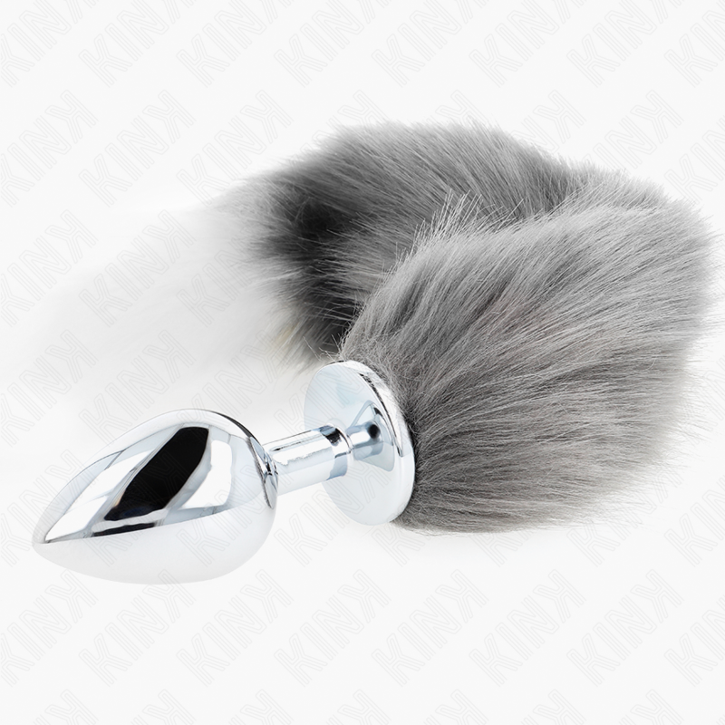 Anal plug size l 10 x 4 cm with synthetic tail 40 cm gray and white