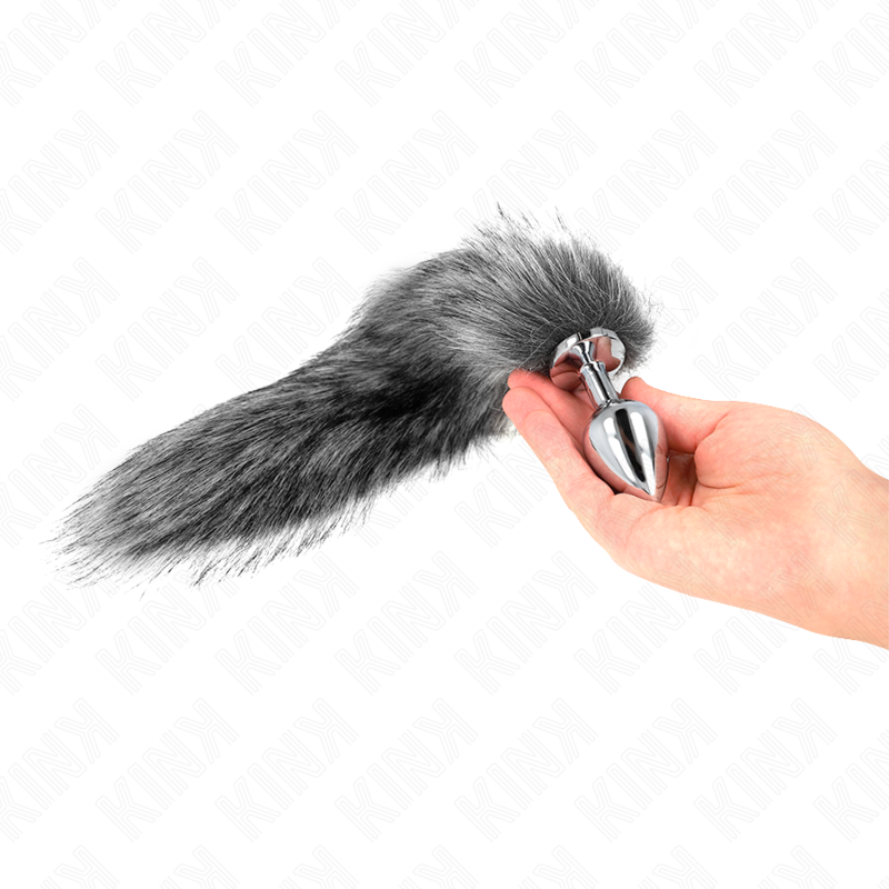 Anal plug size m 8 x 3.5 cm with synthetic tail 40 cm gray
