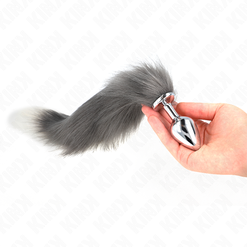Anal plug size m 8 x 3.5 cm with synthetic tail 40 cm gray and white
