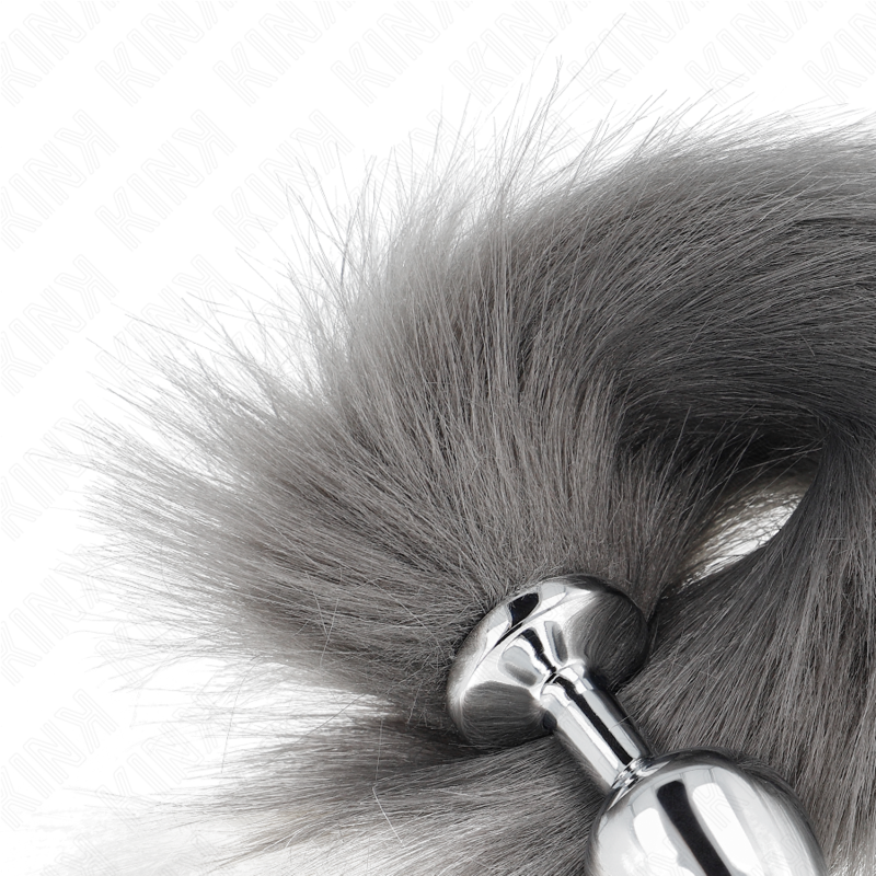 Anal plug size m 8 x 3.5 cm with synthetic tail 40 cm gray and white