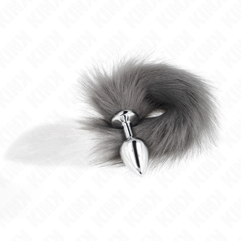 Anal plug size m 8 x 3.5 cm with synthetic tail 40 cm gray and white