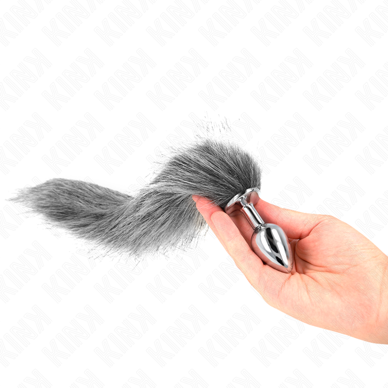 Anal plug size S 7 x 3 cm with synthetic tail 40 cm gray