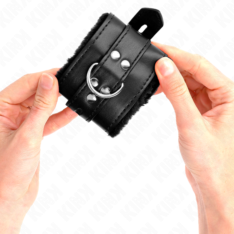 Fur lined wrist rests with black square holes and adjustable black belt 17-29 cm x 6 cm