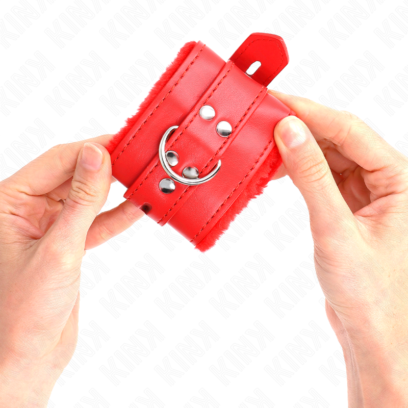 Fur lined wrist rests with red square holes and adjustable red belt 17-29 cm x 6 cm