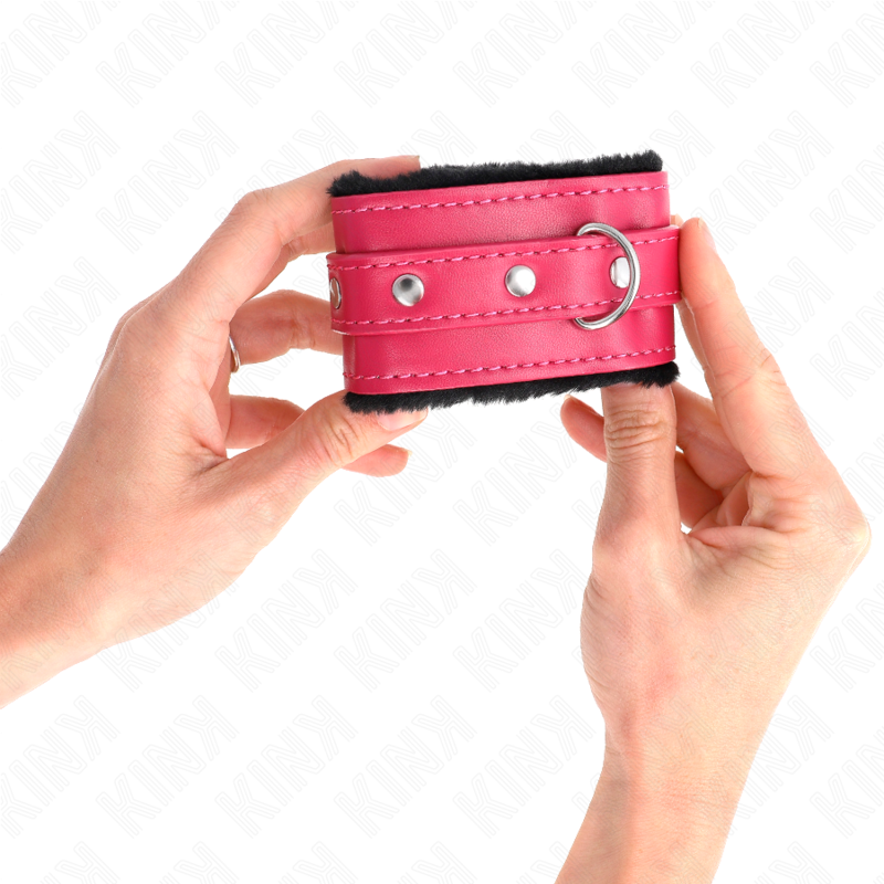 Premium black fur lined wrist rests with adjustable raspberry pink belt 17-29 cm x 6 cm