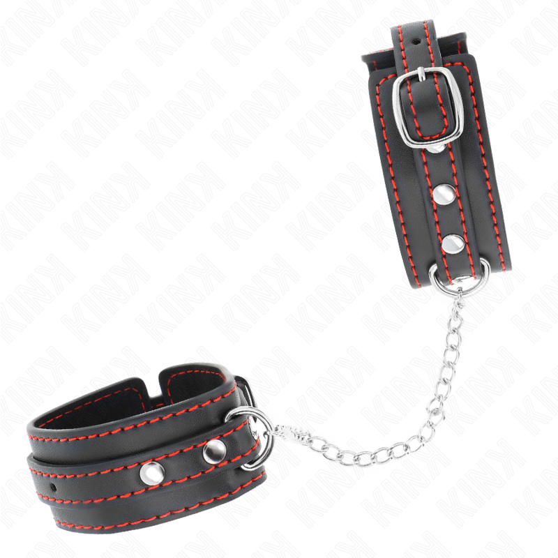 Small black wrist restraints with red lining adjustable 14-24 cm x 3.5 cm