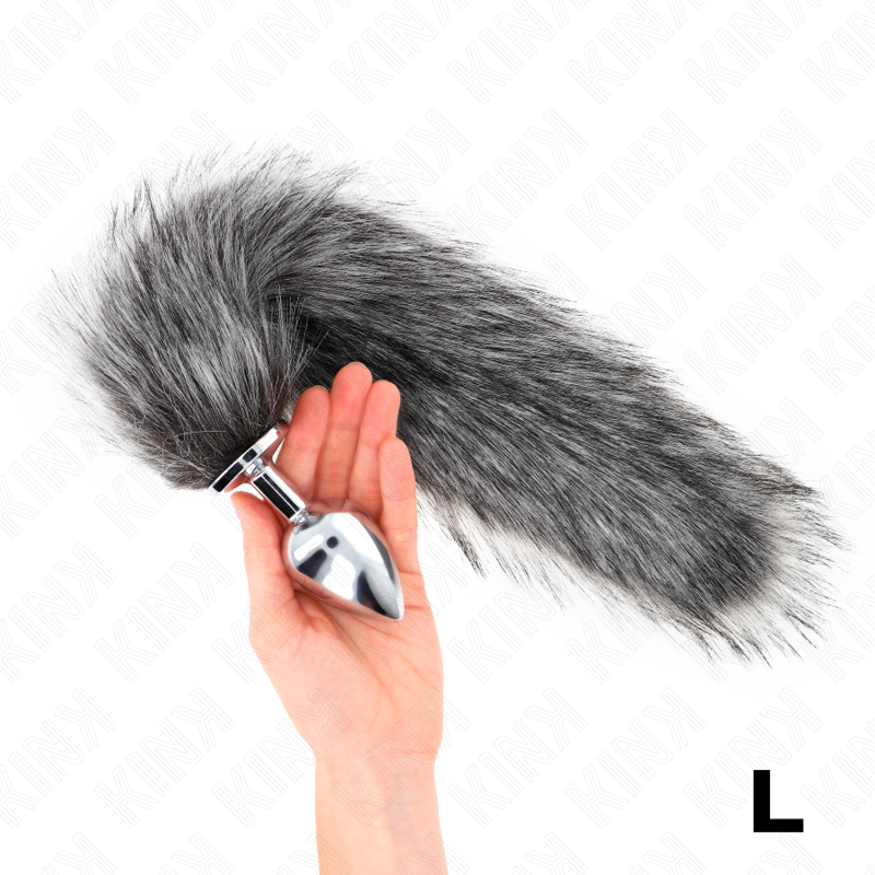 Anal plug size l 10 x 4 cm with synthetic tail 40 cm gray