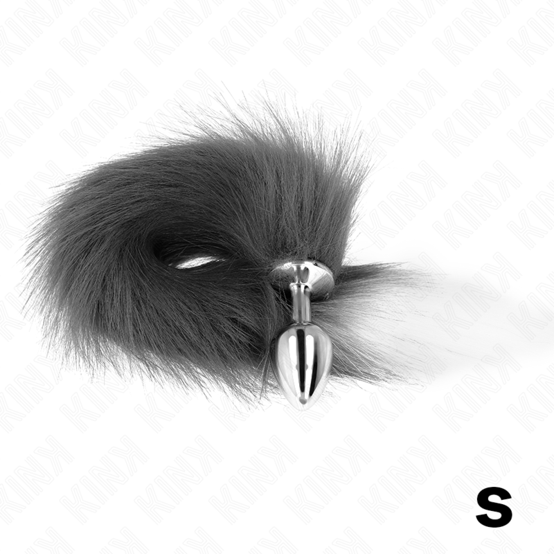 Anal plug size S 7 x 3 cm with synthetic tail 40 cm gray and white