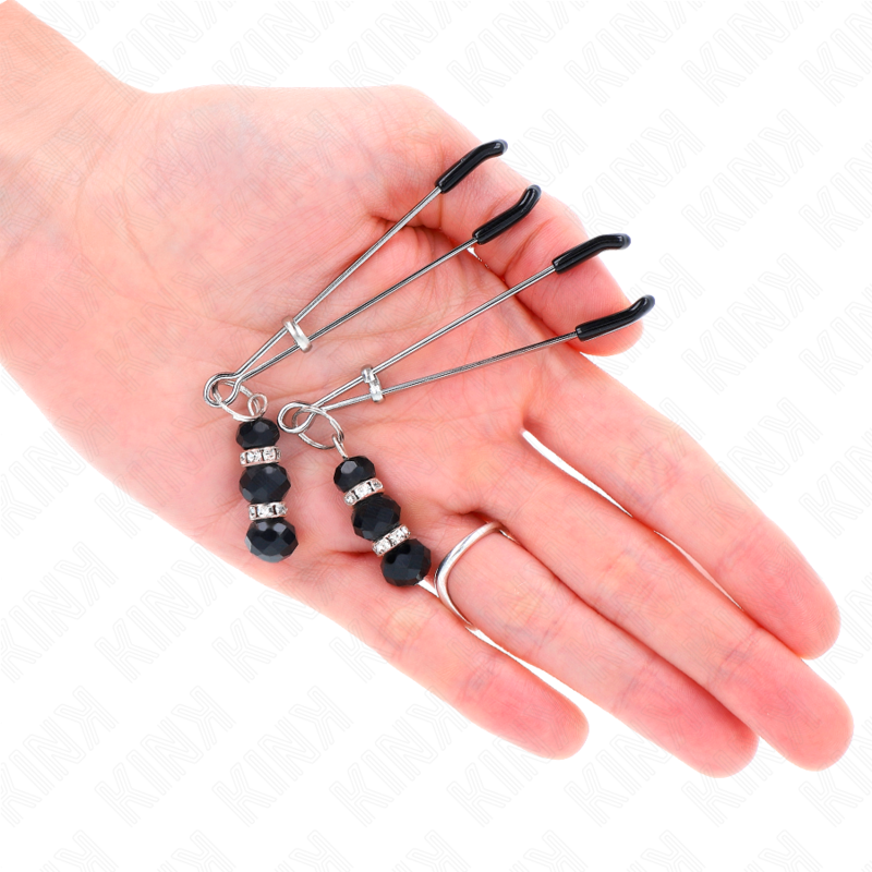 KINK - THIN GOLD NIPPLE CLAMPS WITH 3 BLACK GLASS BEADS 7 CM