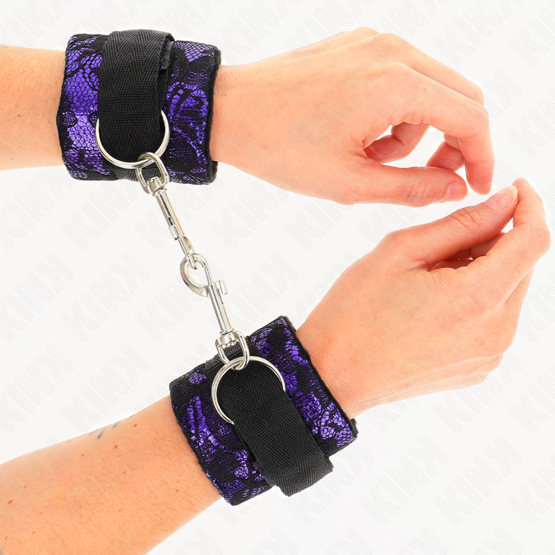 Short velvet lace wrist cuffs with purple/black nylon binding 23 x 6.5 cm