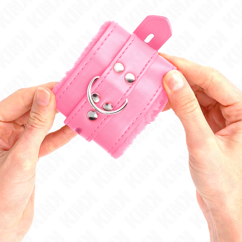 Fur lined wrist rests with pink square holes and adjustable pink belt 17-29 cm x 6 cm