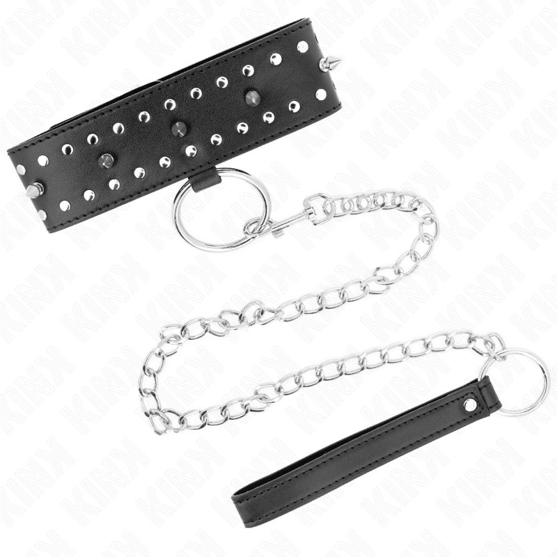 KINK - COLLAR WITH LEASH 65 CM WITH SILVER STUDS MODEL 1 ADJUSTABLE 36-43 CM X 5 CM