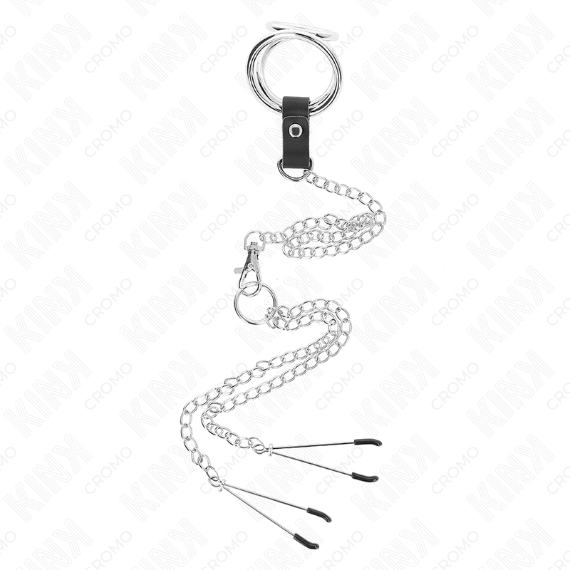 Triple Chrome Metal Penis Ring 3cm to 4.5cm with 26cm Metal Chain and Nipple Clamps