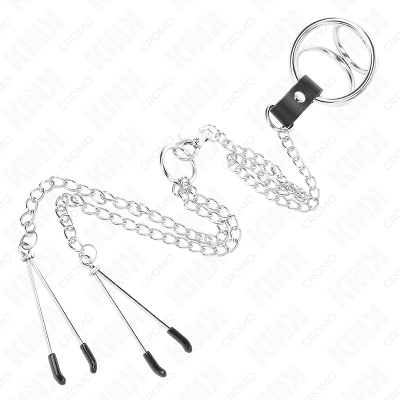 Triple Chrome Metal Penis Ring 3cm to 4.5cm with 26cm Metal Chain and Nipple Clamps