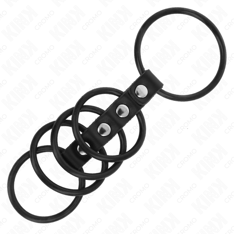 5 silicone penis rings from 3.8cm to 4.8cm connected by leather