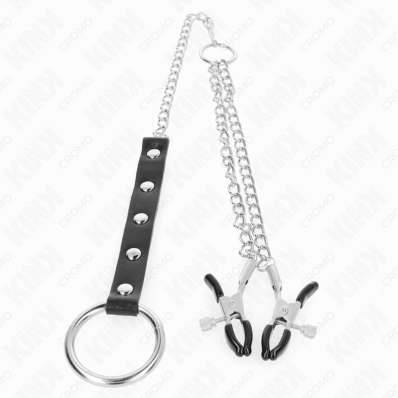 Metal penis ring with chain and adjustable nipple clamps