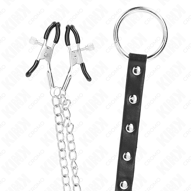 Metal penis ring with chain and adjustable nipple clamps