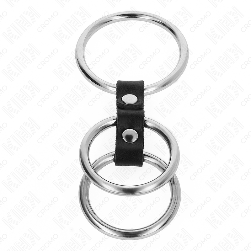 Triple metal penis ring 3.7 cm to 5 cm connected to leather