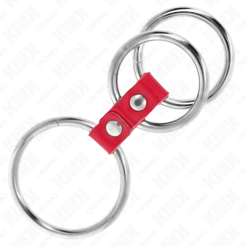 Triple metal penis ring 3.7cm to 5cm connected with red leather