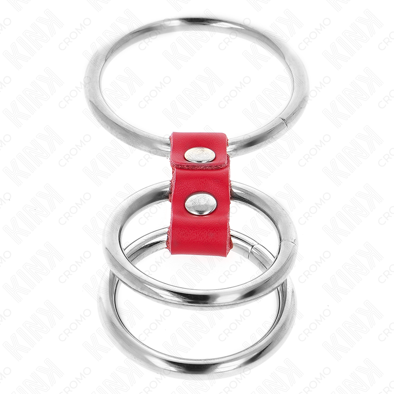 Triple metal penis ring 3.7cm to 5cm connected with red leather