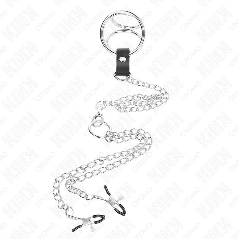 Triple Chrome Metal Penis Ring 3.8cm to 5cm with 26cm Metal Chain and Nipple Clamps Model 1