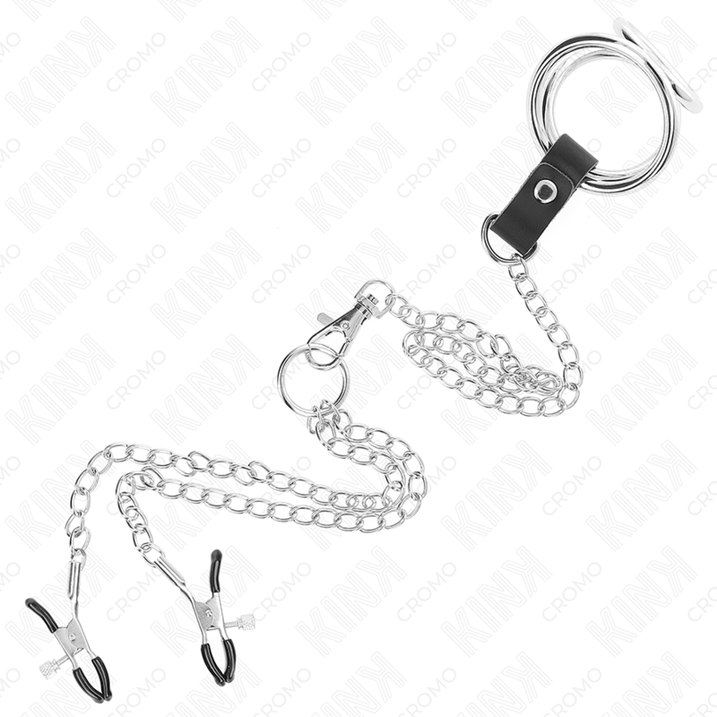 Triple Chrome Metal Penis Ring 3.8cm to 5cm with 26cm Metal Chain and Nipple Clamps Model 1