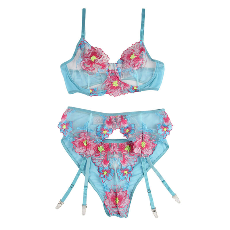 SUBBLIME - 954109 BRA + PANTIES WITH GARTER BELT BLUE FLORAL PRINT S/M