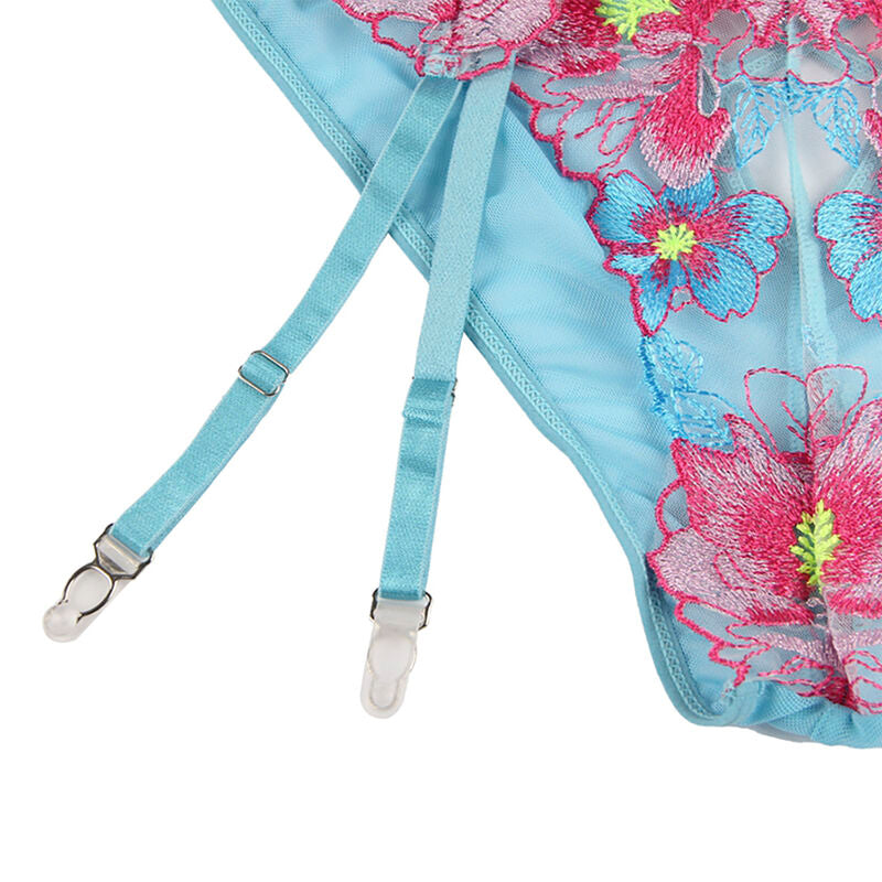 SUBBLIME - 954116 BRA + PANTIES WITH GARTER BELT BLUE FLORAL PRINT L/XL