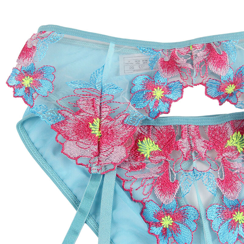 SUBBLIME - 954116 BRA + PANTIES WITH GARTER BELT BLUE FLORAL PRINT L/XL