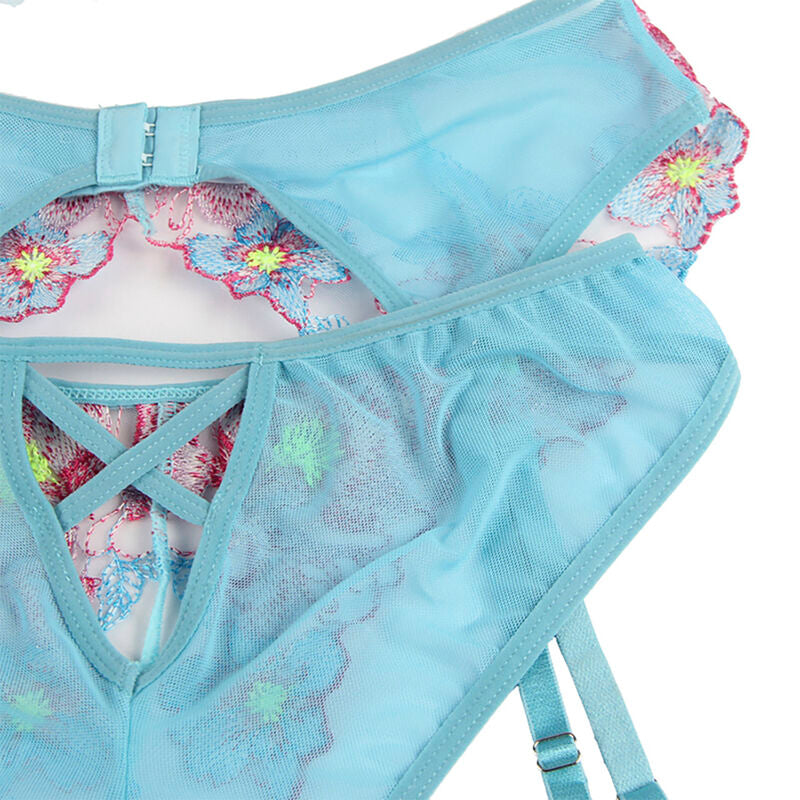 SUBBLIME - 954116 BRA + PANTIES WITH GARTER BELT BLUE FLORAL PRINT L/XL