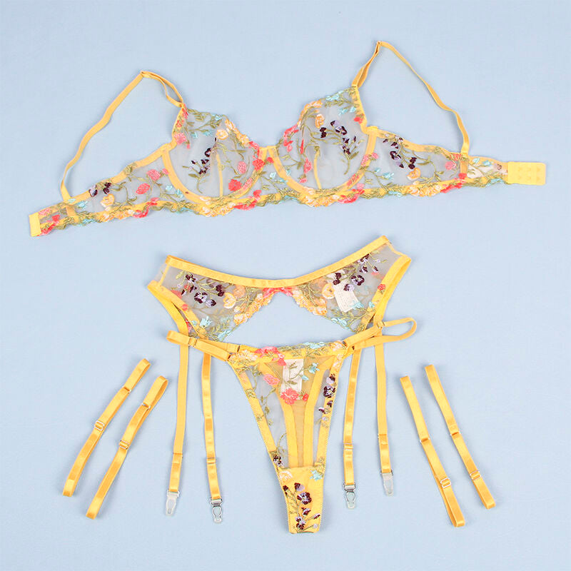 SUBBLIME - 954352 BRA + THONG + GARTER BELT YELLOW FLORAL PRINT L/XL