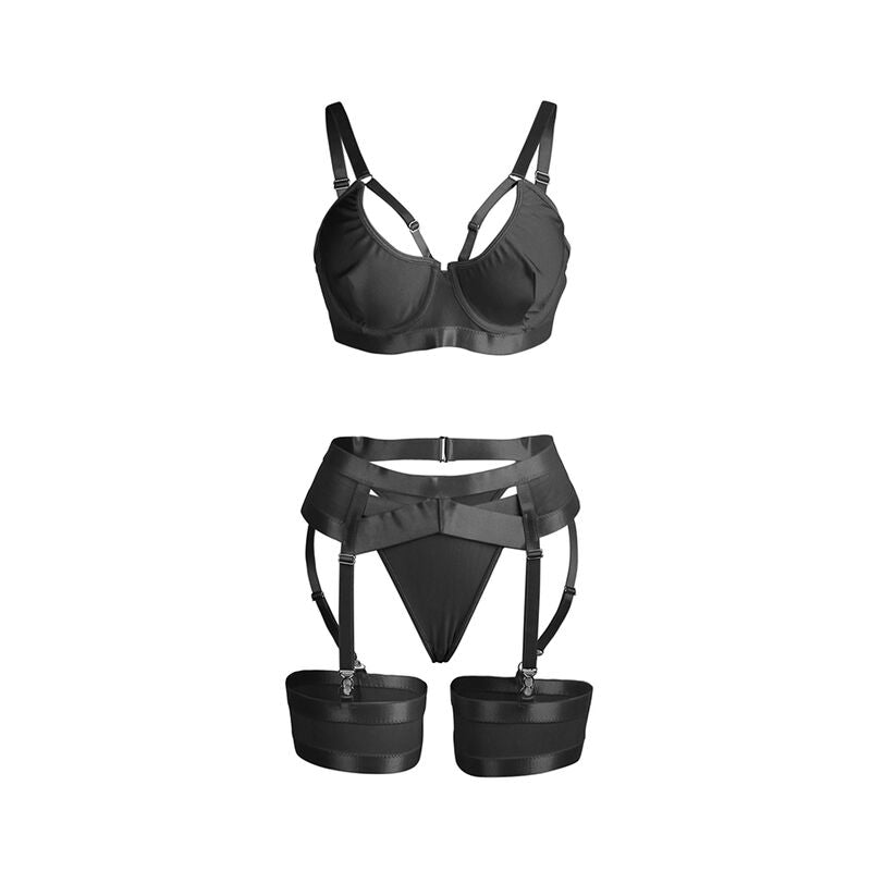 955236 black bondage bra set with garter s/m