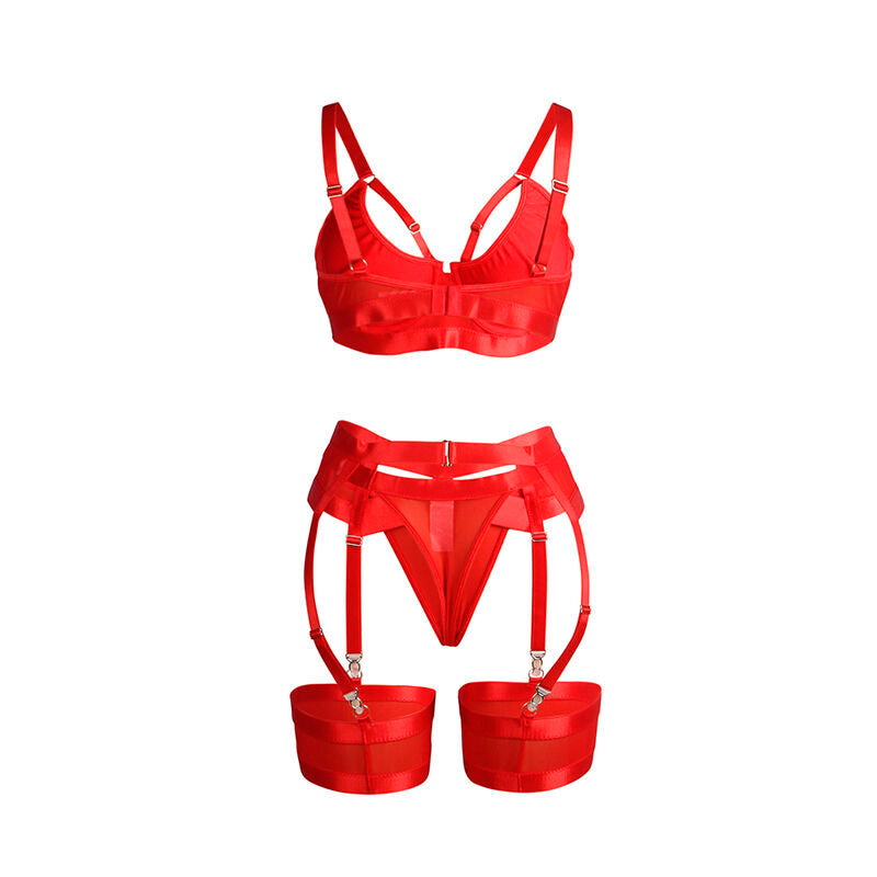 955250 red bondage bra set with garters s/m
