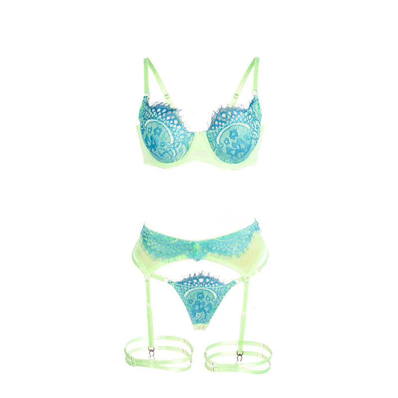 955311 bra set with lace lines and garter green and blue s/m