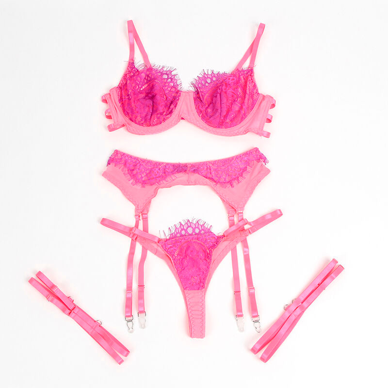 SUBBLIME - 955366 BRA SET WITH LACE LINERS AND PINK AND PURPLE GARTER BELTS L/XL