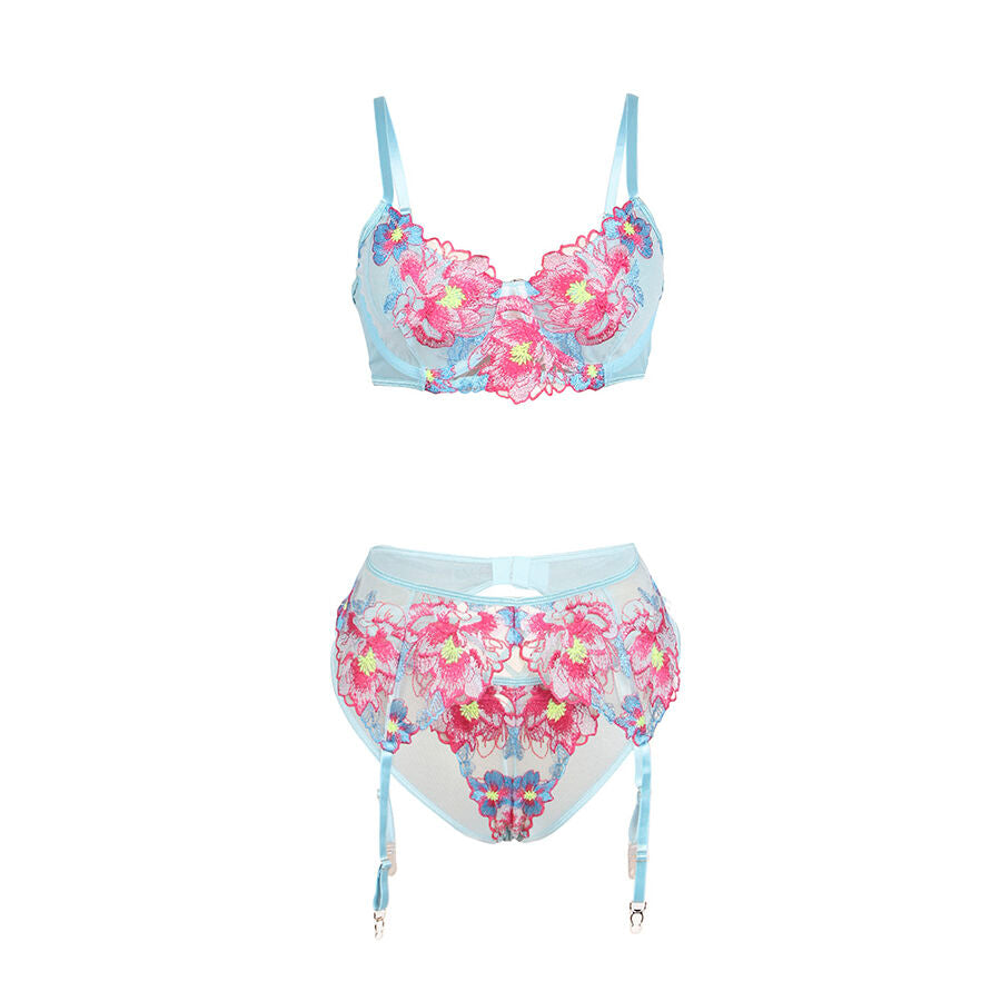SUBBLIME - 957643 PINK FLORAL EMBROIDERED BRA AND GARTER SET S/M