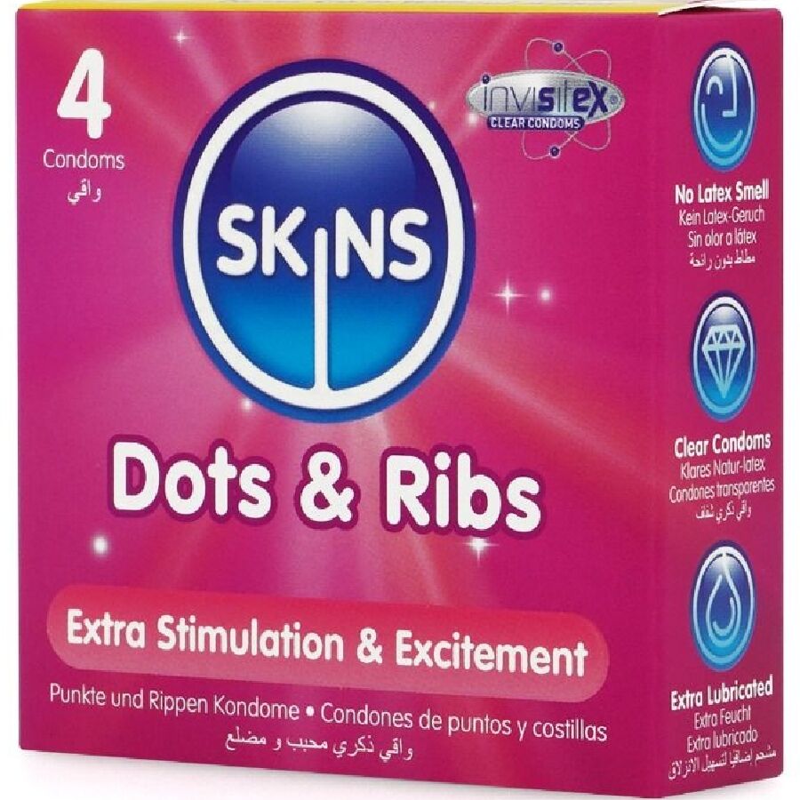 SKINS - PACK OF 4 PREMIUM DOTS &amp; RIBS CONDOMS
