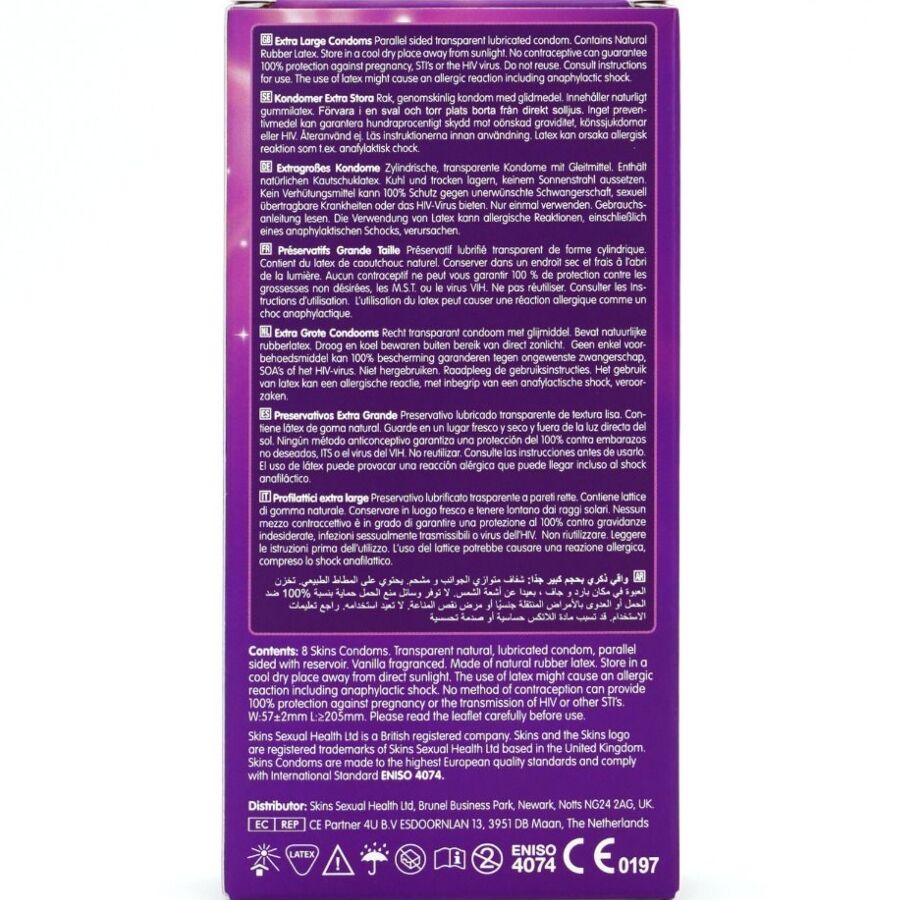 SKINS - PACK OF 8 EXTRA LARGE PREMIUM CONDOMS
