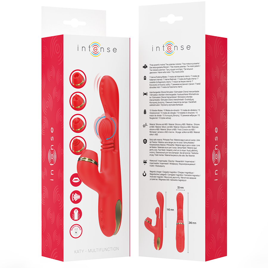 INTENSE - KATY MULTIFUNCTION CLITORIS STIMULATOR WITH 4 INTERCHANGEABLE HEADS, RED