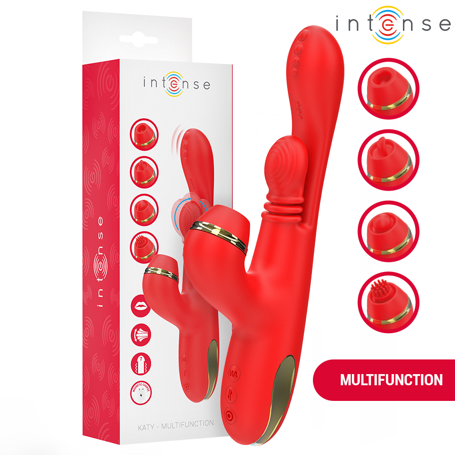 INTENSE - KATY MULTIFUNCTION CLITORIS STIMULATOR WITH 4 INTERCHANGEABLE HEADS, RED