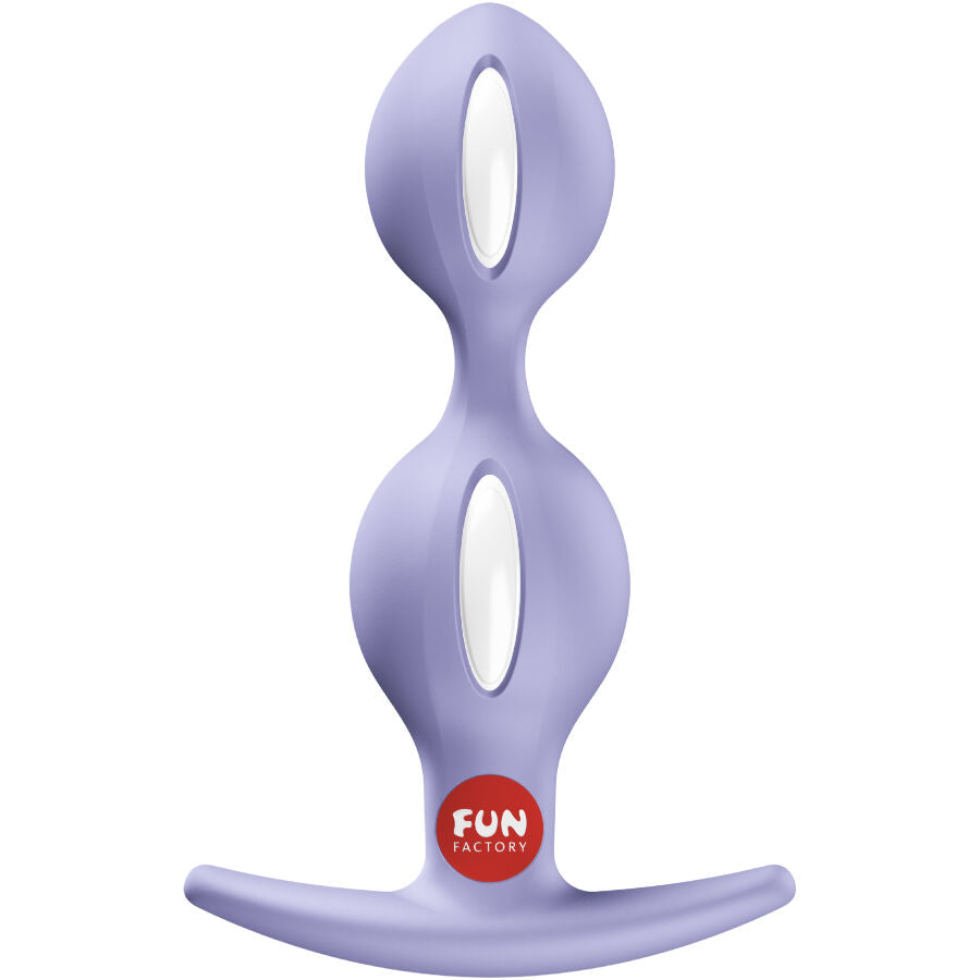 Plug anal violet B-Balls Duo Fun Factory vu de face avec son logo rouge sur la base