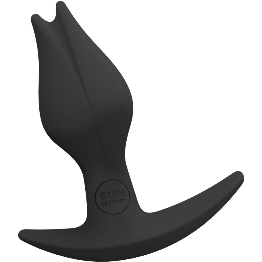 Plug anal Bootie Fem Fun Factory noir de profil, tête en bouton de tulipe et base asymétrique