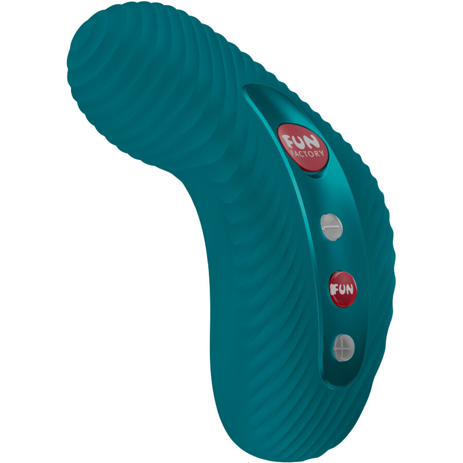 Profil galbé du vibromasseur à poser Laya III vert et sa surface ondulée en silicone