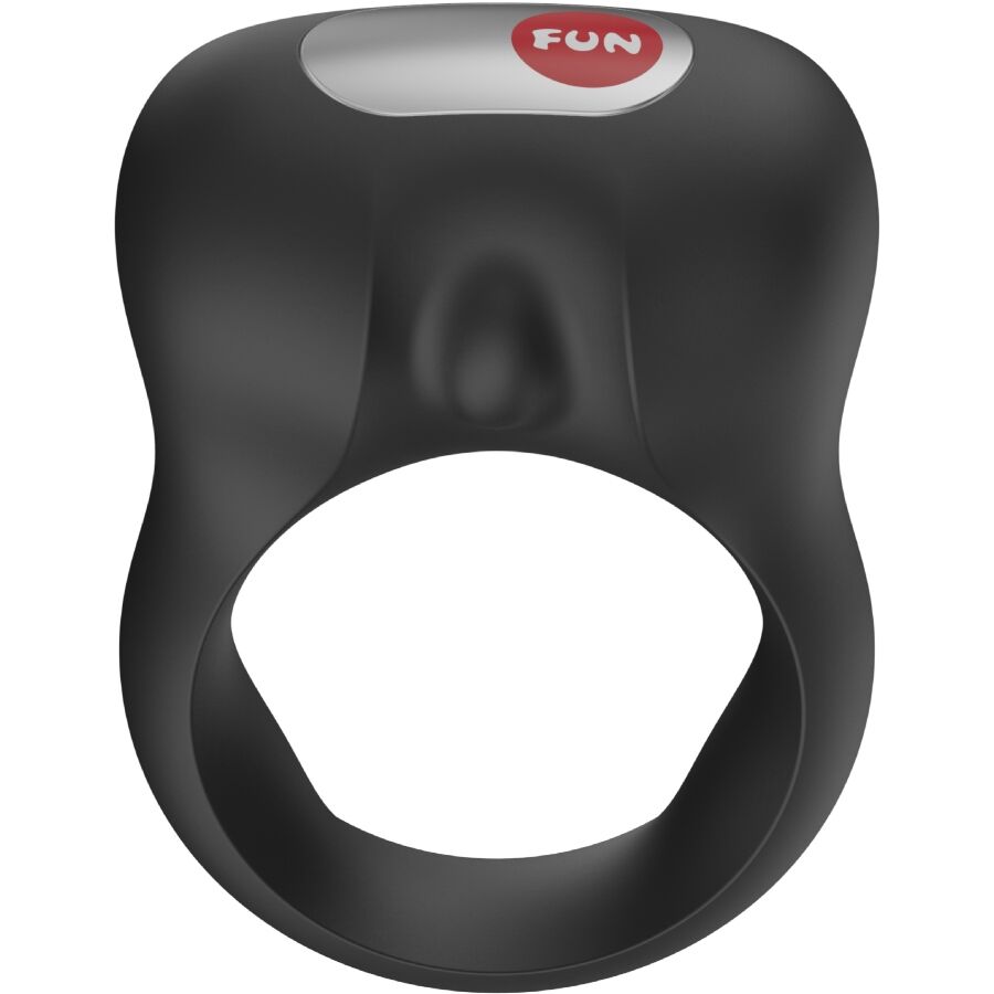 Cockring vibrant Steady de Fun Factory noir vu de face avec son logo sur le vibromasseur