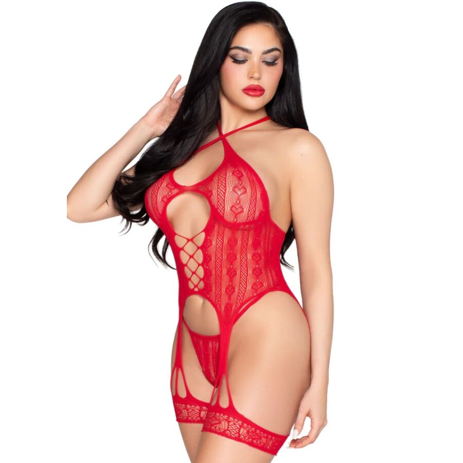 LEG AVENUE - 89338 Open Lace Bodysuit with Garter Belt + Red Thong - One Size