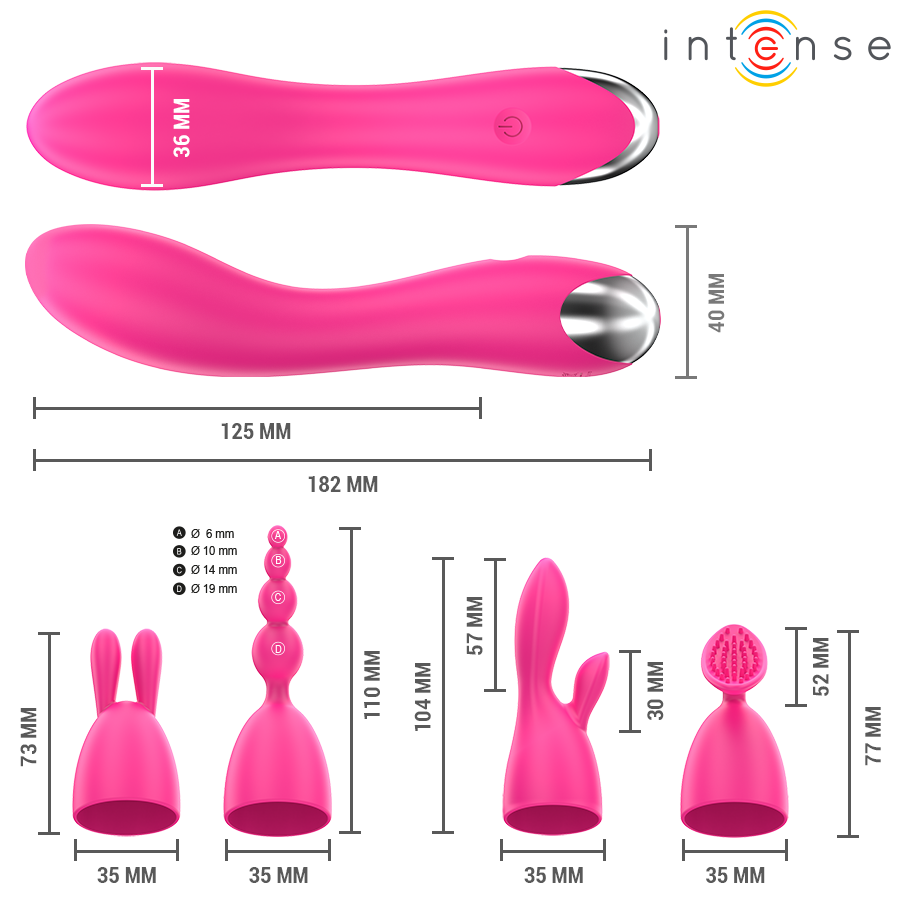 INTENSE - EXPENSIVE VIBRATOR WITH 20 MOTION MODES AND INTERCHANGEABLE TOPS