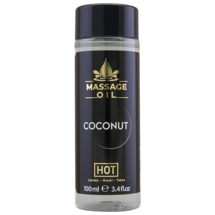 Flacon de 100 ml de l'huile de massage Hot à la noix de coco vu de face