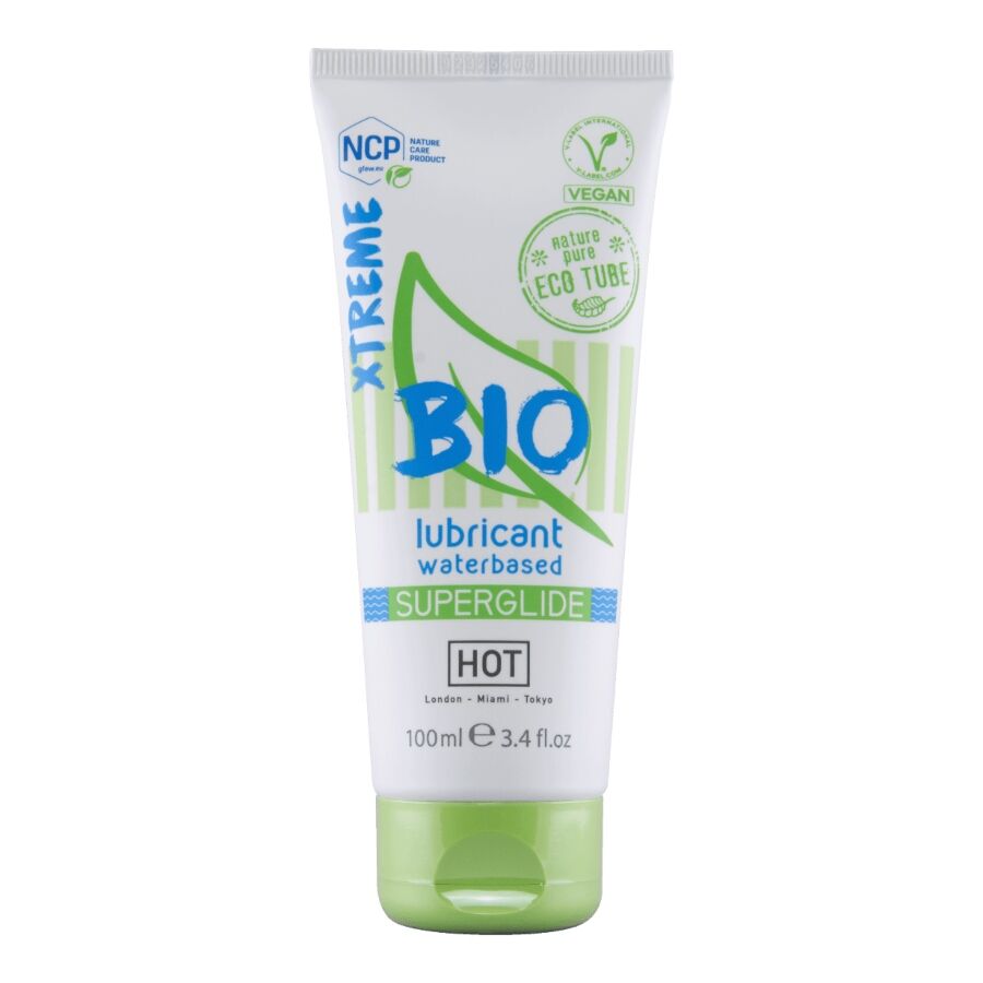 Tube vert et blanc du lubrifiant bio HOT Xtreme Superglide à base d'eau 100 ml